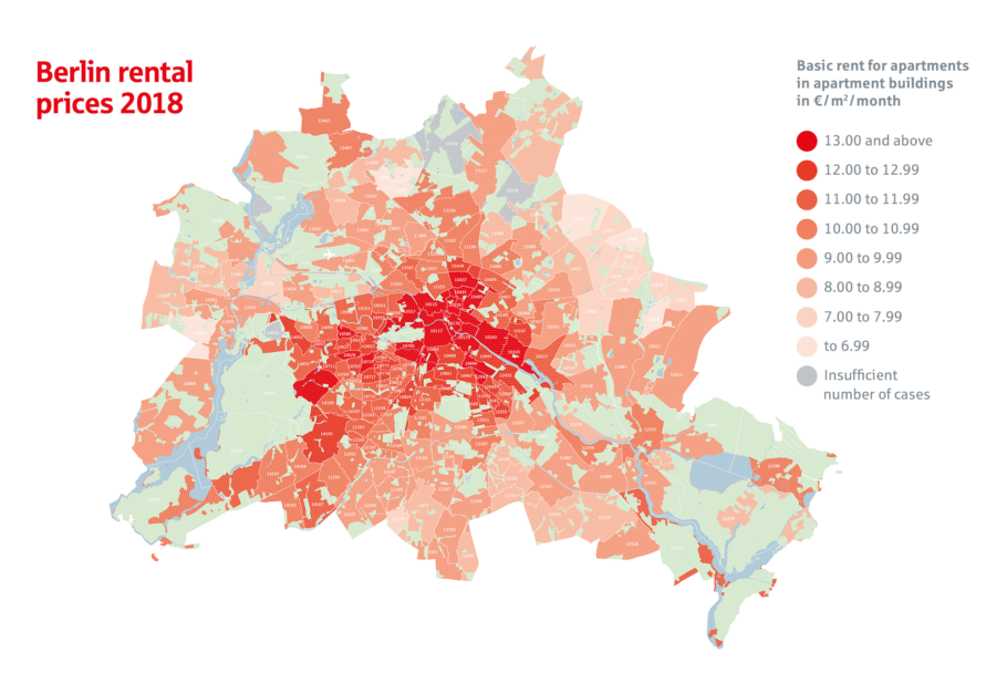O mapa oferece uma visão do aluguel médio cobrado em cada área postal de Berlim nos três primeiros trimestres de 2018.