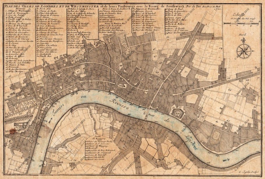 Mapa das cidades de Londres e Westminster, 1700.