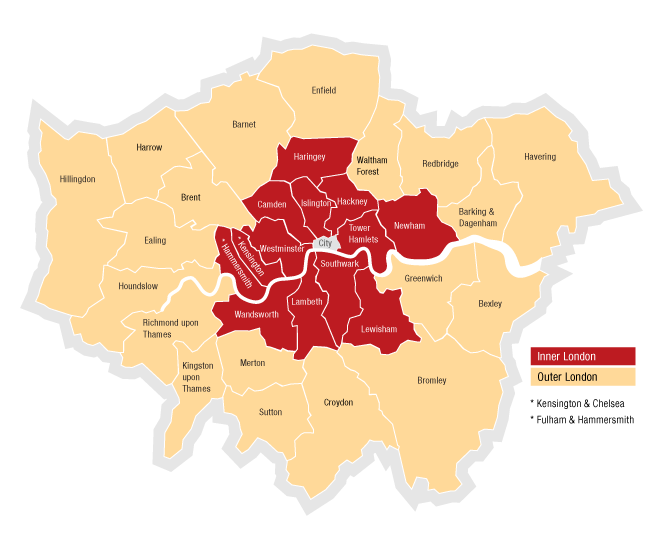 Mapa de Londres, dividido entre City of London, Inner London e Outer London.