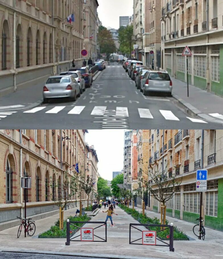 Rua de entorno escolar em Paris, antes e depois. 