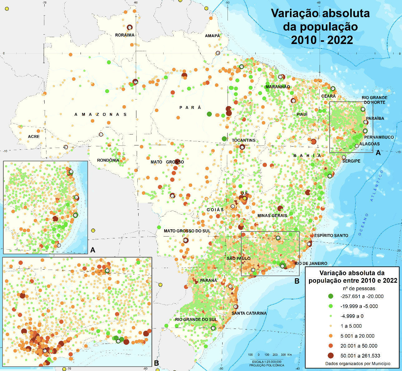 Censo 2022: variação absoluta da população residente, Brasil e municípios, 2010/2022