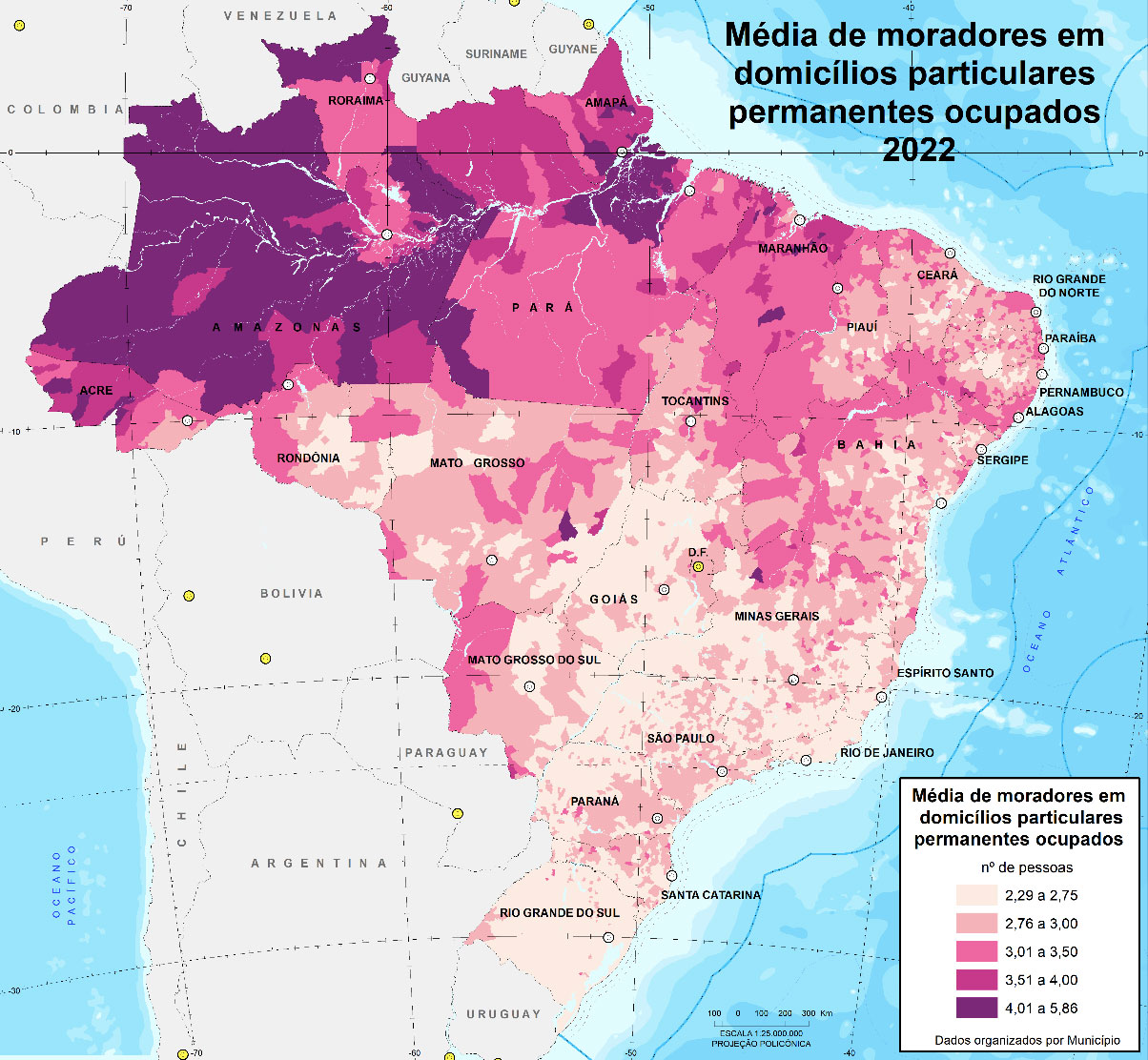 Média de moradores em domicílios particulares permanentes ocupados, Brasil e municípios, 2022.