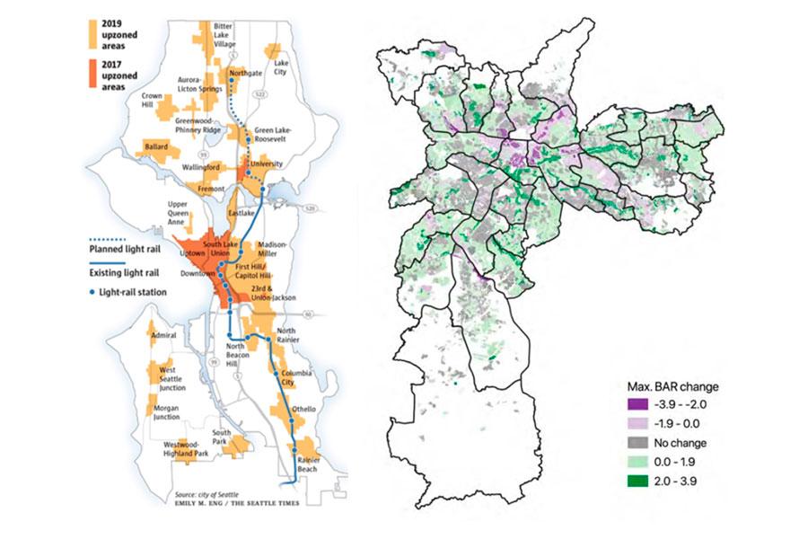 Upzoning em Seattle (esquerda) e rezoneamento em São Paulo (direita). Fonte: Krimmel e Wang 2023) e Anagol et al. (2023). Observação: “BAR” é um acrônimo para “Building Area Ratio”, o mesmo que coeficiente de aproveitamento.